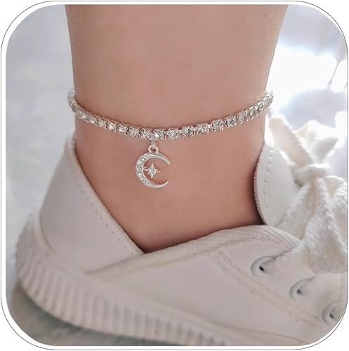 Boho Silver Ankle Bracelets for Women Beach Fashion Plus Size Shining Star and Moon Anklet Bracelet Vacation Essentials