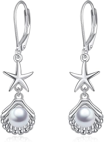 Beach Earrings 925 Sterling Silver Seashell Shell Pearl Leverback Earrings Starfish Drop Dangle Earrings Ocean Jewelry Gifts for Women
