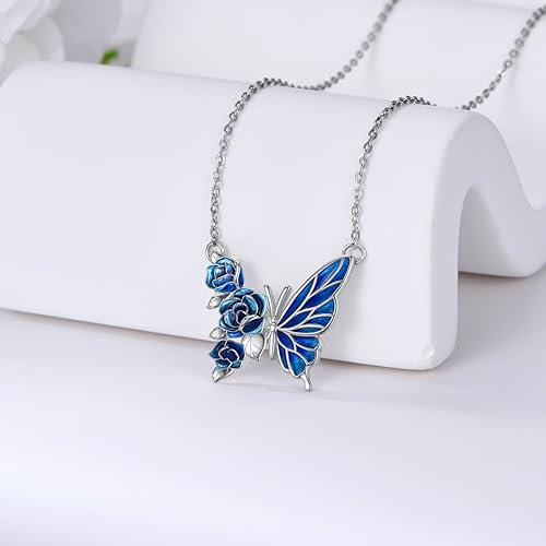 Butterfly Necklace 925 Inlaid Silver Butterfly Pendant Blue Rose Yellow Daisy Wave Dot Butterfly Necklace Jewerly Women's Gift
