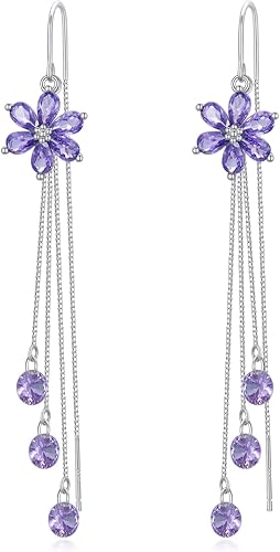 Sterling Silver Threader Earrings with Crystal Cubic Zirconia Flower Star Heart Butterfly Tassel Long Charm Drop Dangle Earrings Jewelry Gifts for Women Girls