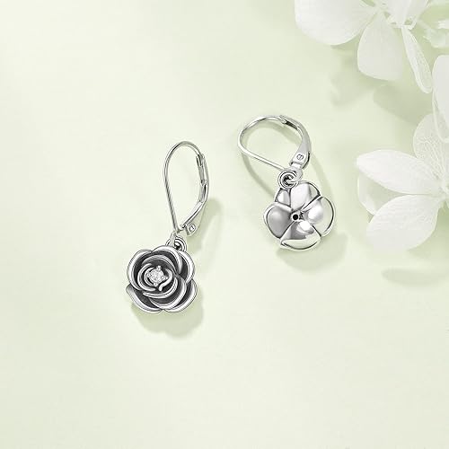 Rose Flower Earrings 925 Sterling Silver Vintage Rose Leverback Earrings Flower Dangle Drop Earrings Halloween Jewelry Gift for Women