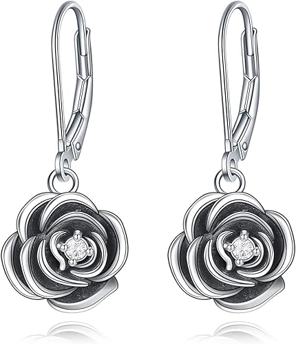 Rose Flower Earrings 925 Sterling Silver Vintage Rose Leverback Earrings Flower Dangle Drop Earrings Halloween Jewelry Gift for Women