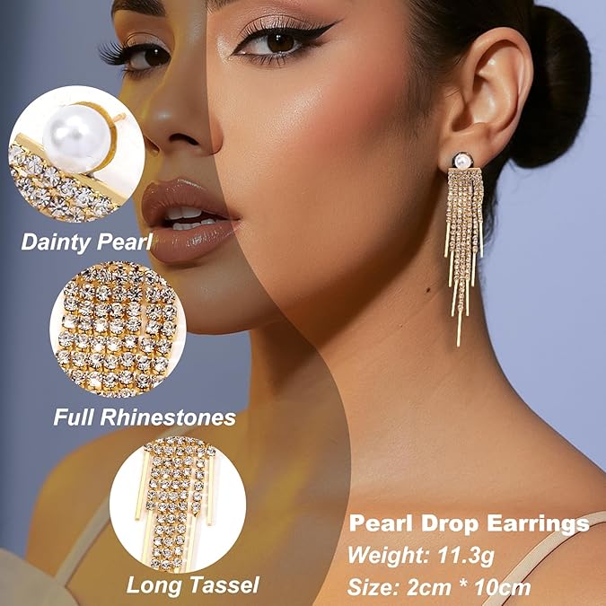 Rhinestone Pearl Earrings for Women Dangling Prom Dainty Hypoallergeni Statement Drop Earrings Wedding Jewelry for Brides
