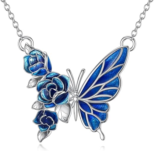 Butterfly Necklace 925 Inlaid Silver Butterfly Pendant Blue Rose Yellow Daisy Wave Dot Butterfly Necklace Jewerly Women's Gift