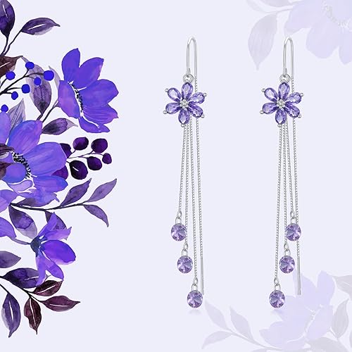 Sterling Silver Threader Earrings with Crystal Cubic Zirconia Flower Star Heart Butterfly Tassel Long Charm Drop Dangle Earrings Jewelry Gifts for Women Girls