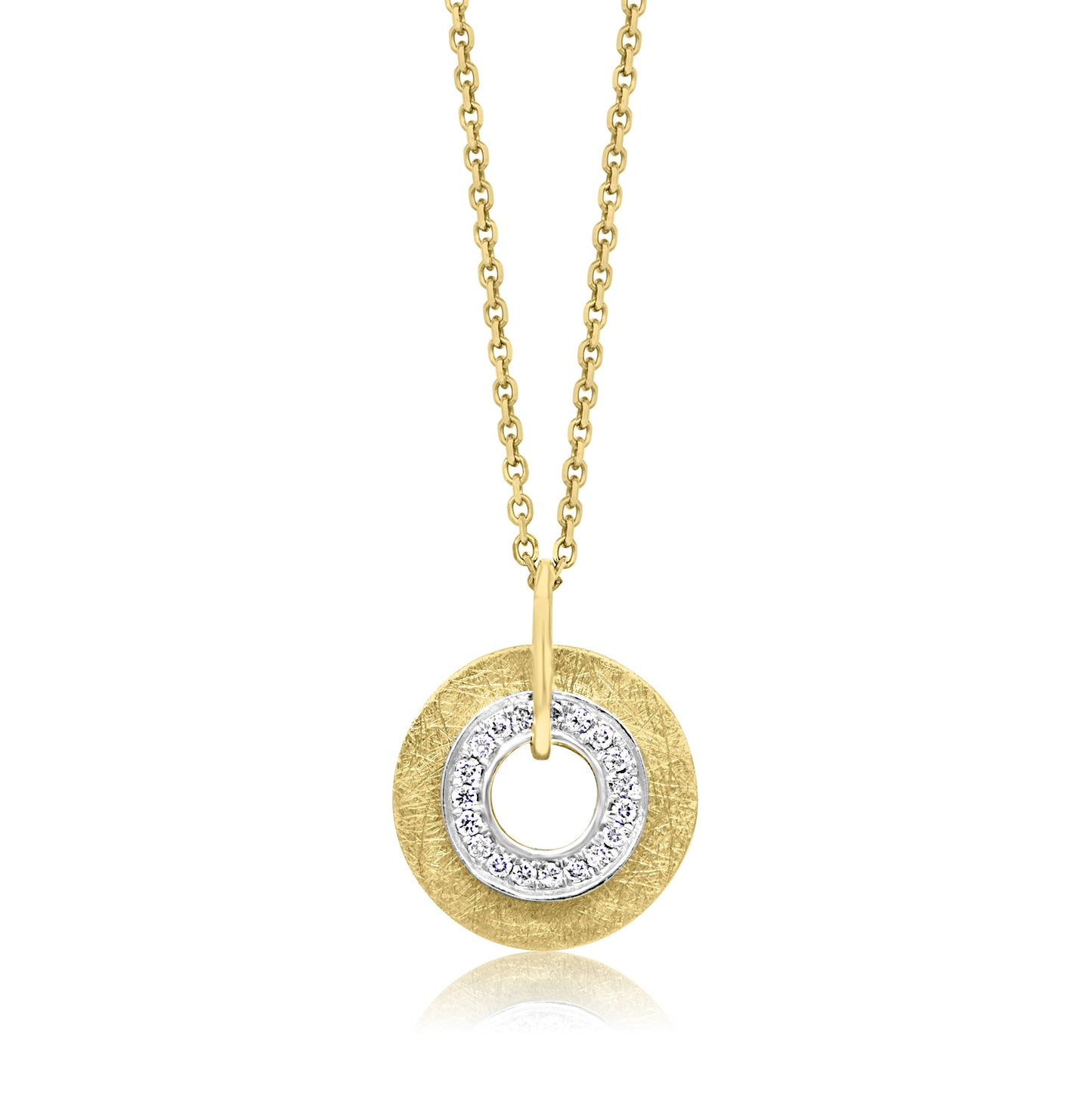 14 Karat Yellow and White Gold Pendant Featuring 19 Round Diamonds and a Distressed Finish attached to an 18" 14 Karat Yellow Gold Cable Chain With a Lobster Claw Clasp