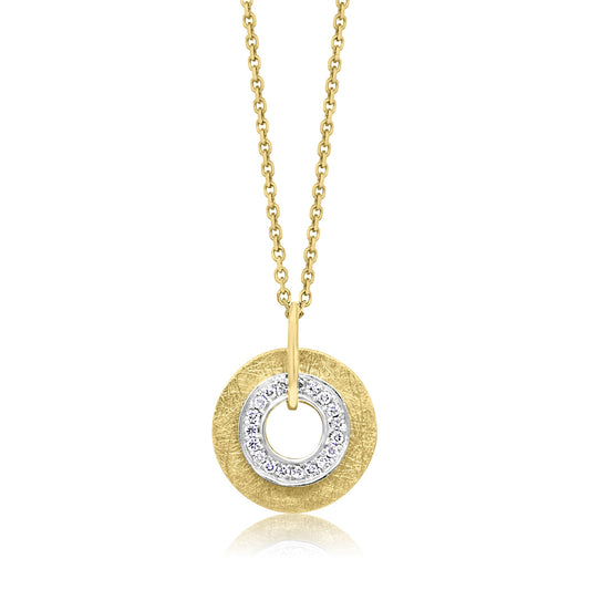 14 Karat Yellow and White Gold Pendant Featuring 19 Round Diamonds and a Distressed Finish attached to an 18" 14 Karat Yellow Gold Cable Chain With a Lobster Claw Clasp