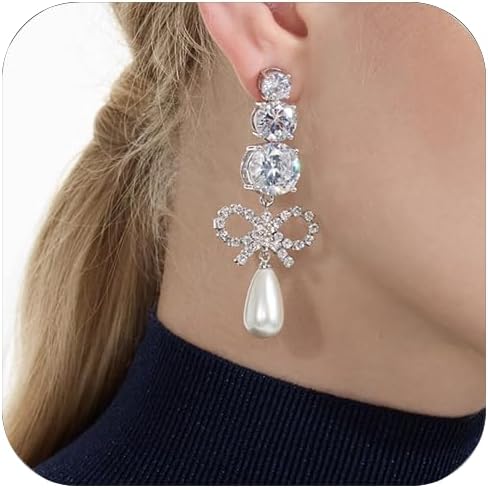 Dainty Drop Pearl Earring Studs Jewelry for Women Sliver Bow Earrings Sparkling Cubic Zircon Dangle for Wedding Bride Gift