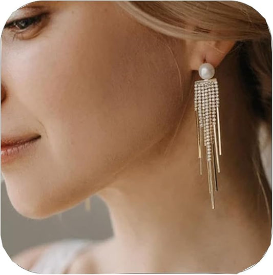 Rhinestone Pearl Earrings for Women Dangling Prom Dainty Hypoallergeni Statement Drop Earrings Wedding Jewelry for Brides