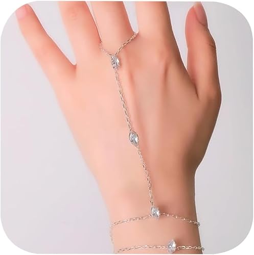 Adjustable Ring Hand Chain Bracelet Silver Jewelry Bracelets for Women Cubic Zirconia Rings for women Non Tarnish Hypoallergenic Finger Bracelet Wedding Party Gifts