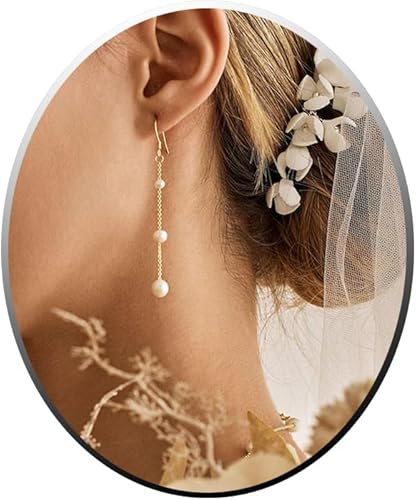 Gold Dangle Earrings for Women Wedding Trendy Long Tassel Pearl Earrings Dangling Prom Lightweight White Bridal Jewelry