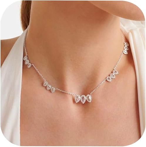 Dainty Silver Choker Necklace for Women Adjustable Statement Porm Jewelry Rhinestone Waterdrop Pendant Necklace for Wedding Hypoallergenic Gifts