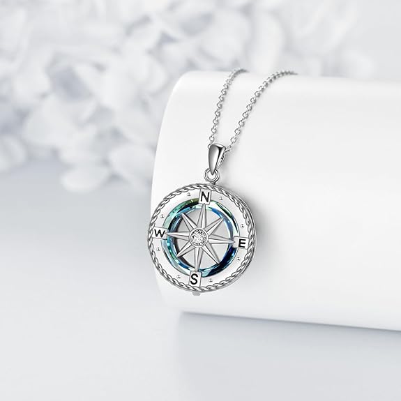 Compass Necklace for Women Sterling Silver Nautical Compass Pendant Necklace with Blue Circle Crystal Compass Jewelry Gifts for Women