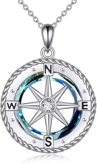 Compass Necklace for Women Sterling Silver Nautical Compass Pendant Necklace with Blue Circle Crystal Compass Jewelry Gifts for Women