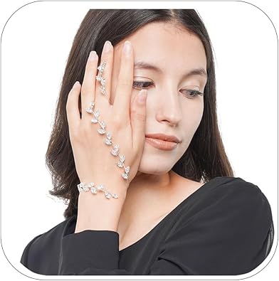 Silver Hand Palm Leaves Finger Ring Bracelet Harness Party Unique Design Full Finger Rings For Women Adjustable Size