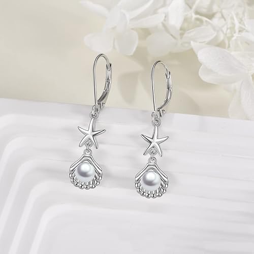 Beach Earrings 925 Sterling Silver Seashell Shell Pearl Leverback Earrings Starfish Drop Dangle Earrings Ocean Jewelry Gifts for Women