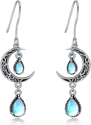 Moon Earrings for Women 925 Sterling Silver Celtic Moon Dangle Drop Earrings Emerald / Amethyst / Ruby / Sapphire/ Pink / Peridot / Aquamarine / Citrine / Black / Rainbow Topaz Dangling