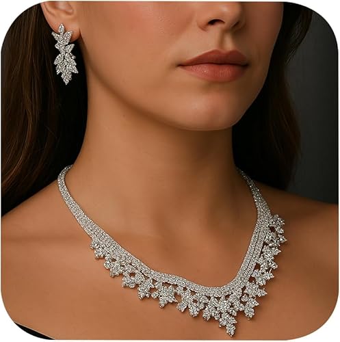 Flower Silver Jewelry Set Zircon Necklace Earrings Bracelet Ring Set for Women Prom Jewelry Accessories Wedding Brides Gift