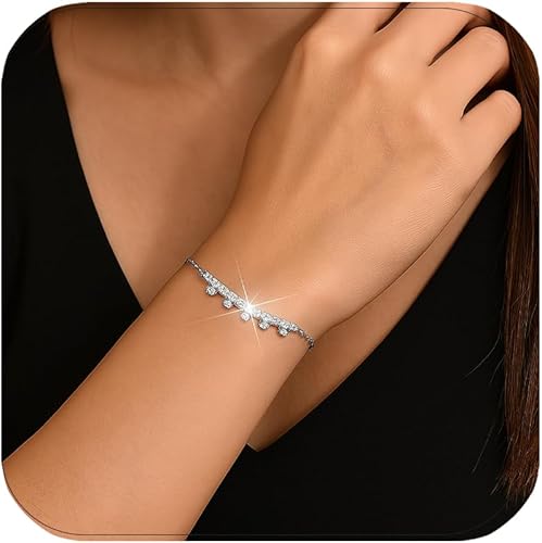Rhinestone Silver Tennis Bracelet for Women Trendy Adjustable Hand Chain Bracelet Jewelry Accessories Gifts for Brides