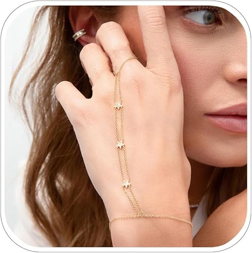 Dainty Gold Hand Chain Bracelet for Women Wedding Jewelry Star Finger Ring Bracelets Hand Chain Party Accessories Adjustable