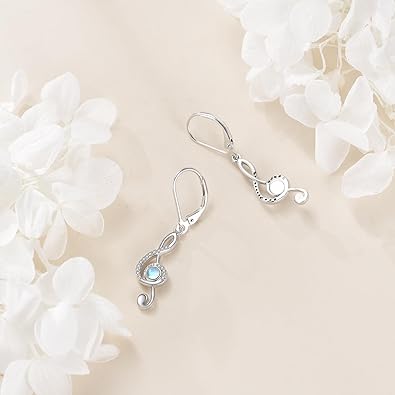 Moonstone Earrings 925 Sterling Silver Music Dangle Drop Earrings Music Note Elegant Jewelry Gifts for Women