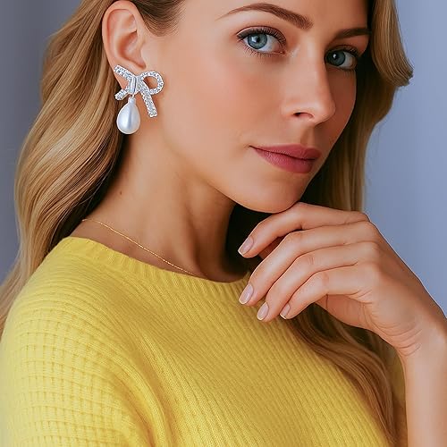 Rhinestone Pearl Bow Earrings for Women Dangly Statement Hypoallergenic Pearl Drop Earrings Wedding Jewelry Brides Gifts